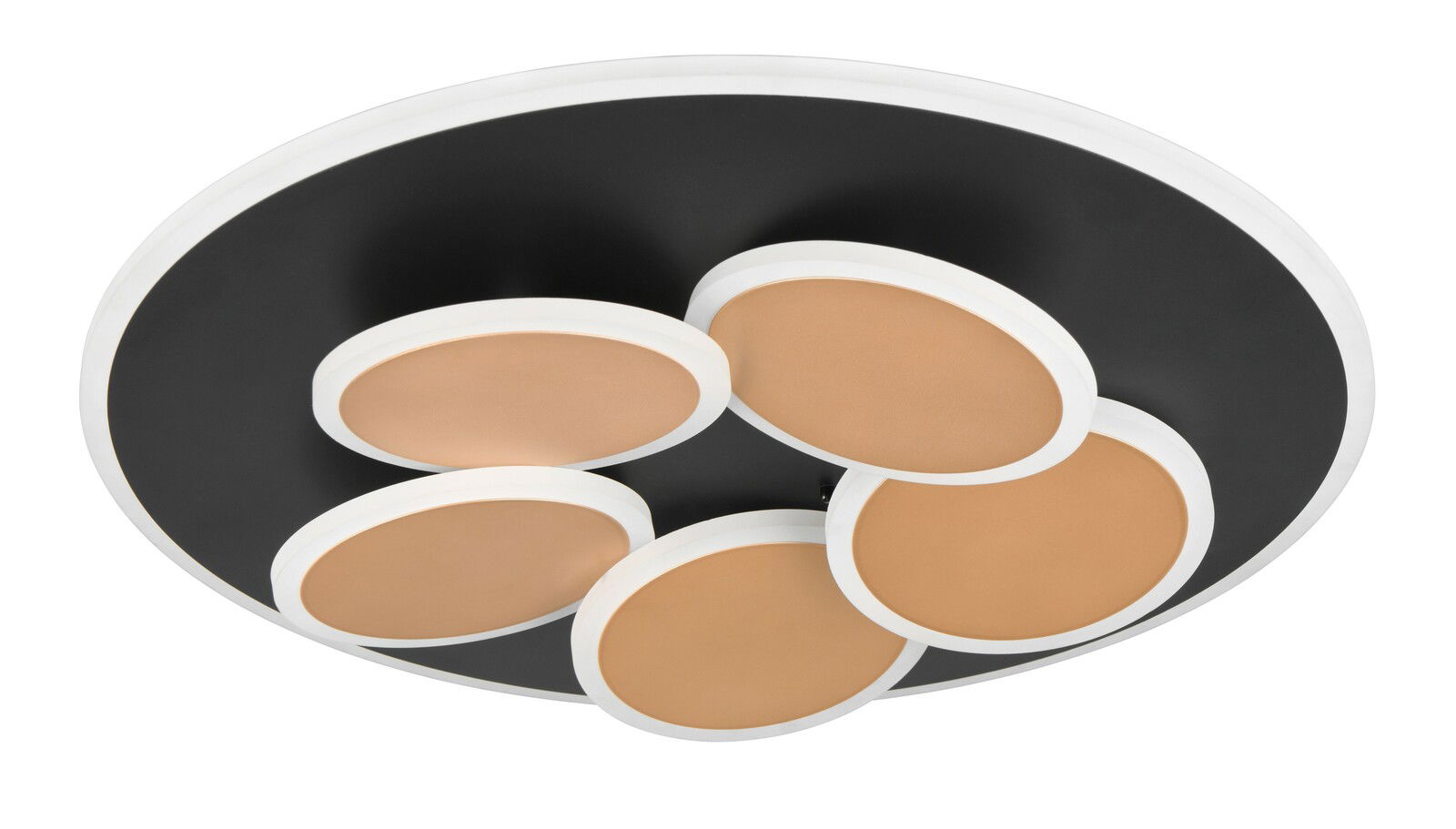 Moderne Deckenleuchte Mandala mit fünf runden, goldfarbenen Elementen auf schwarzem Hintergrund, Ansicht von unten.