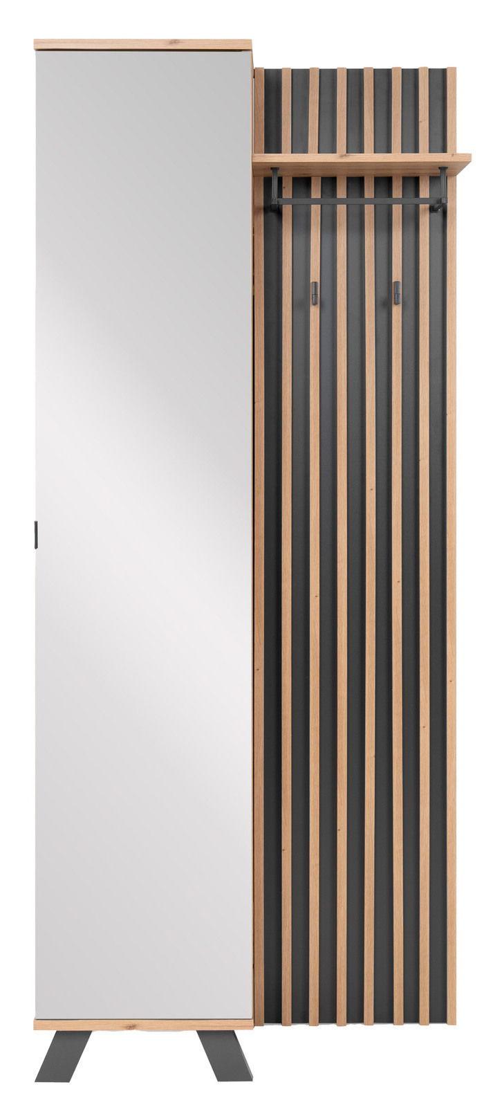 Moderne Garderobe mit Spiegel und Holzlatten, Frontalansicht