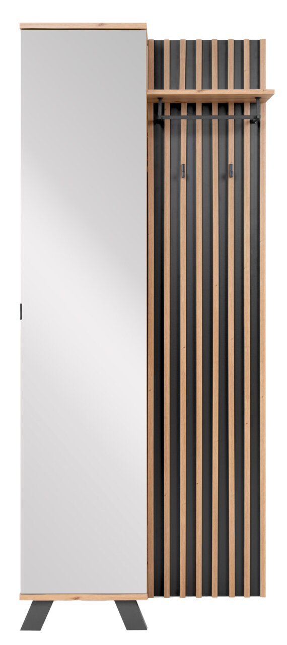 Moderne Garderobe mit Spiegel und Holzlatten, Frontalansicht