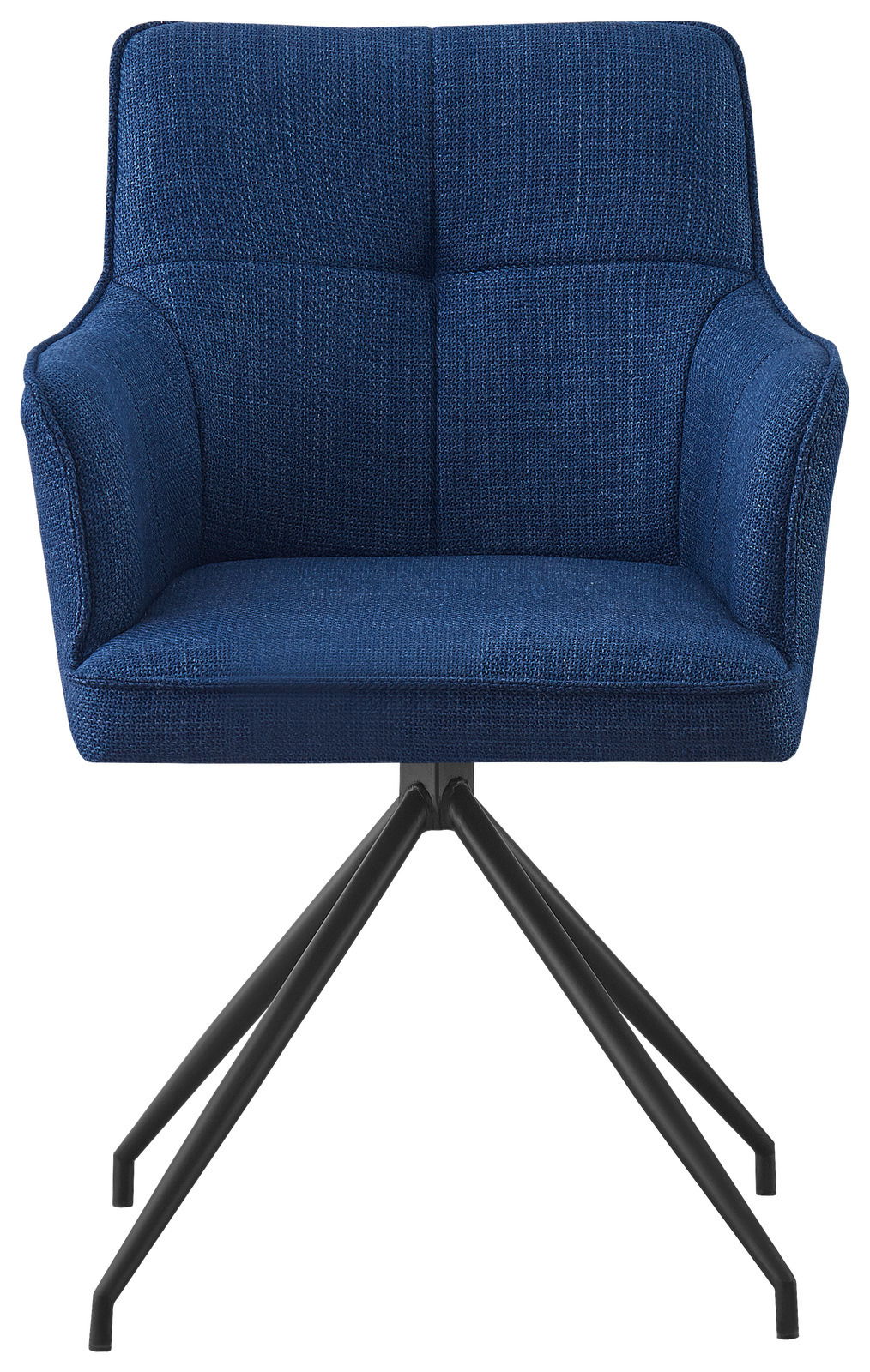 Blauer Armlehnstuhl mit schwarzem Metallgestell, Frontalansicht