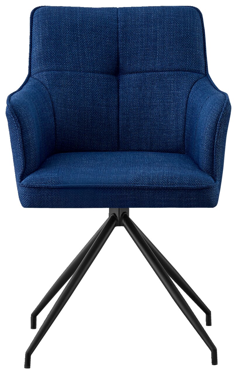 Blauwe fauteuil met zwart metalen frame, vooraanzicht
