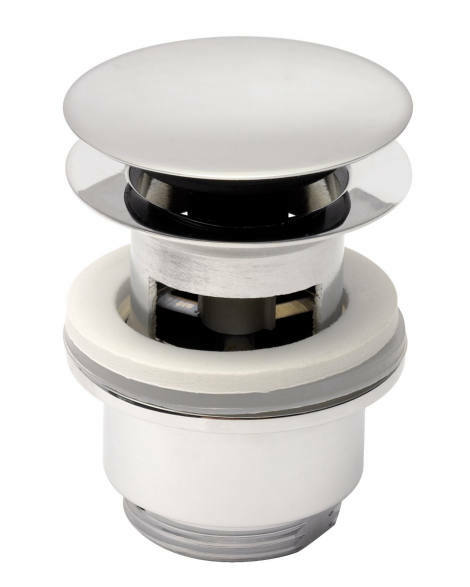 Ablaufgarnitur in seitlicher Perspektive, glänzend verchromt, mit modernem Design.