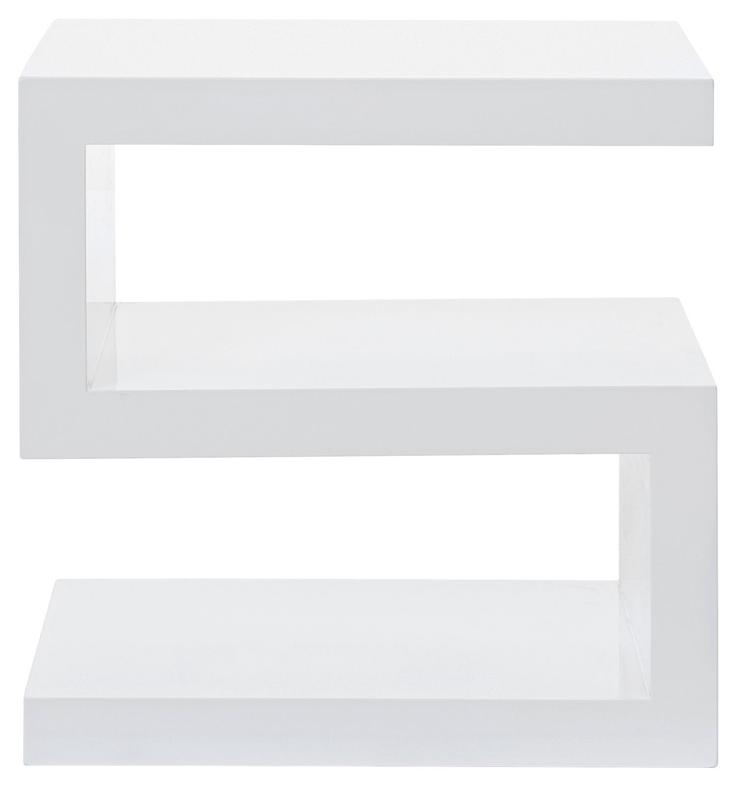 Moderner weißer Beistelltisch in Z-Form, seitliche Perspektive