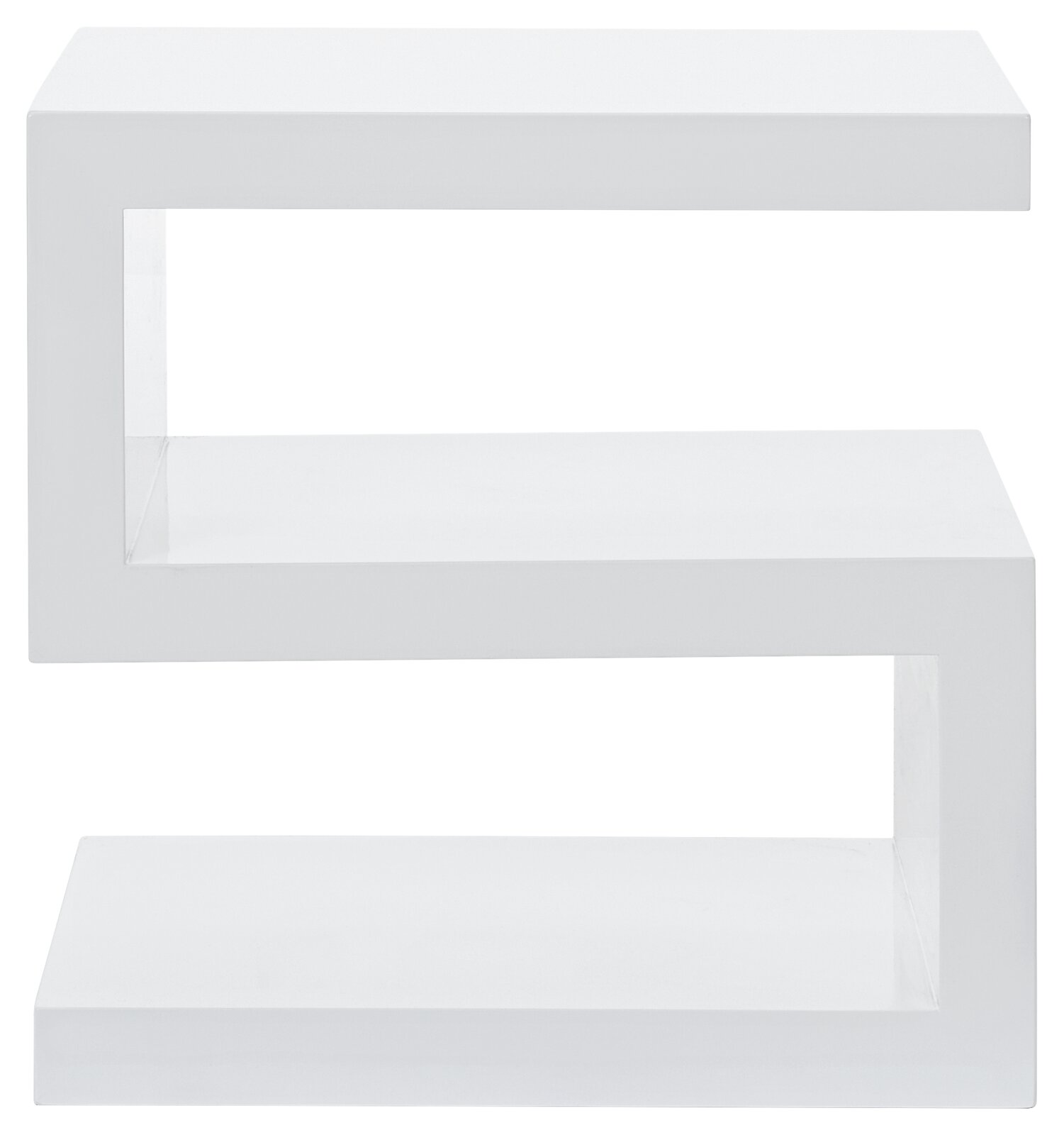 Moderner weißer Beistelltisch in Z-Form, seitliche Perspektive