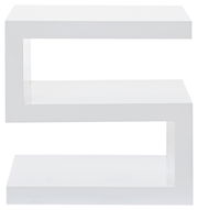 Moderner weißer Beistelltisch in Z-Form, seitliche Perspektive