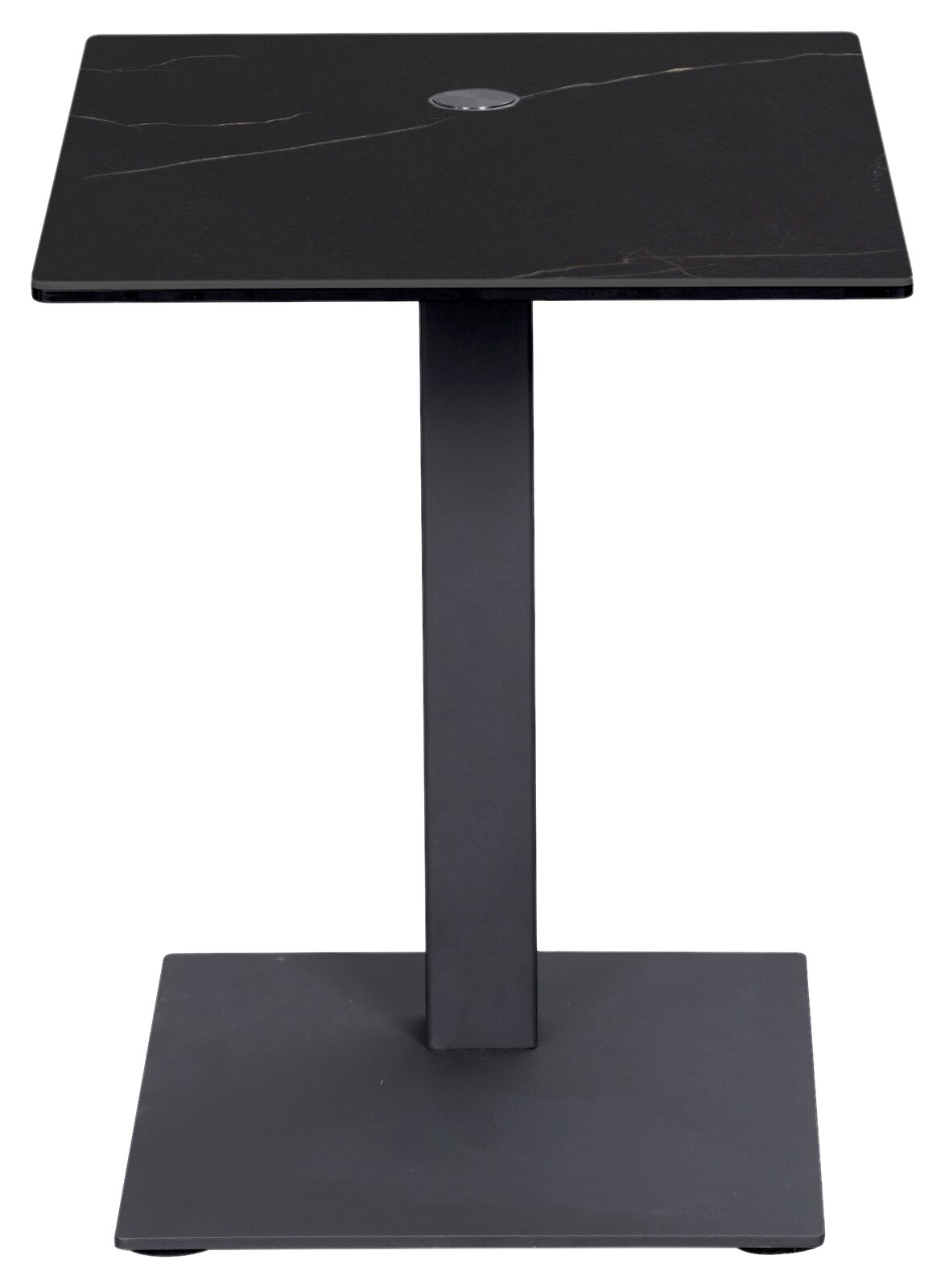 Moderner schwarzer Beistelltisch mit quadratischer Tischplatte und stabilem Standfuß, Frontalansicht.