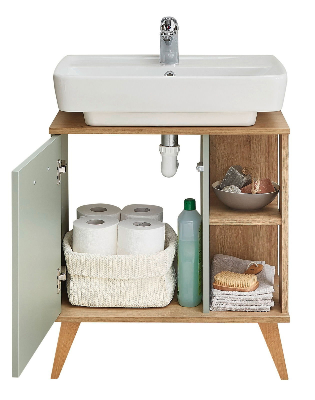 Waschbeckenunterschrank aus Holz mit geöffneter Tür, zeigt Stauraum mit Toilettenpapier, Reinigungsmittel und Handtüchern, Frontalansicht.