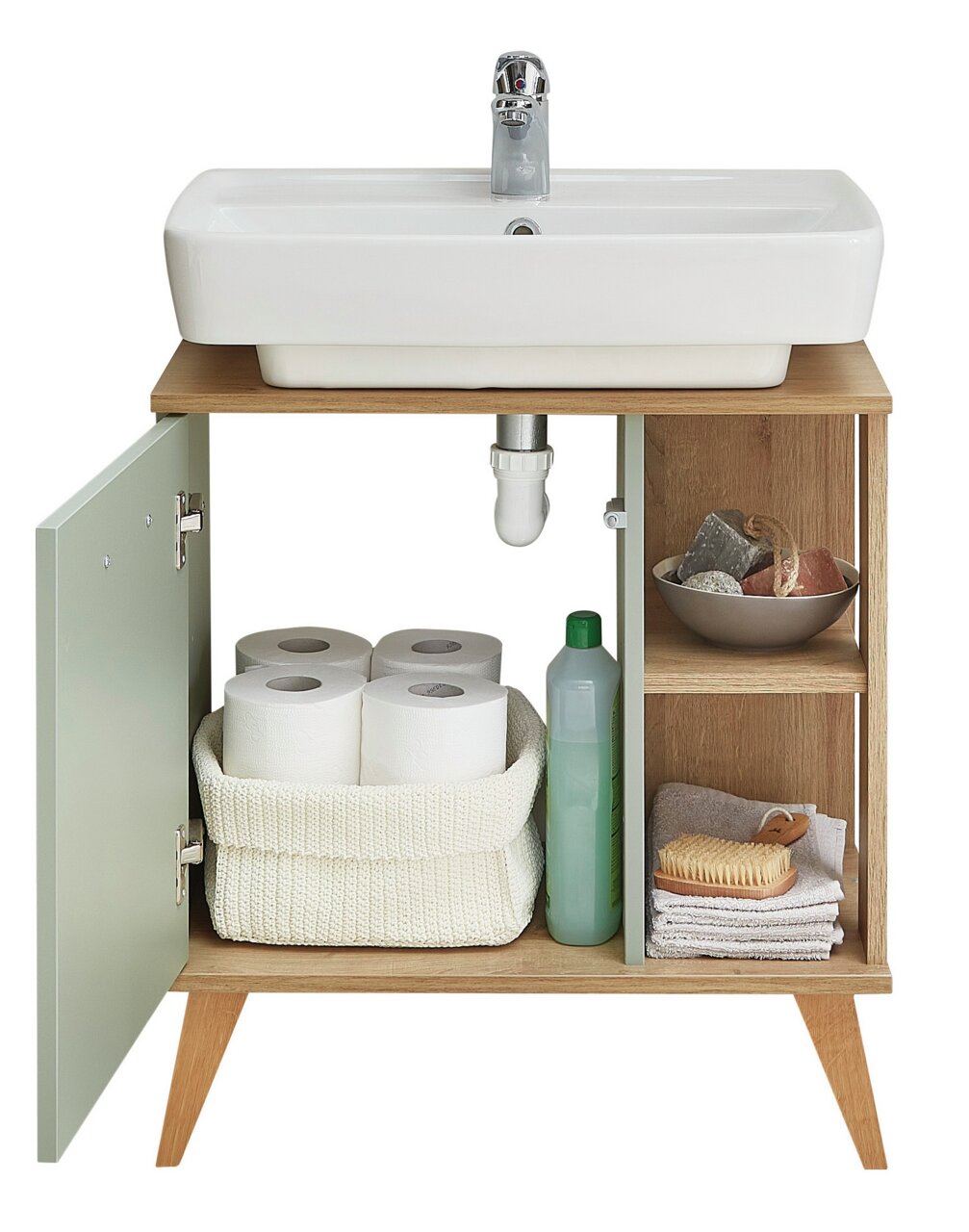 XORA Waschbeckenunterschrank SALVIE Waschbeckenunterschrank aus Holz mit geöffneter Tür, zeigt Stauraum mit Toilettenpapier, Reinigungsmittel und Handtüchern, Frontalansicht.