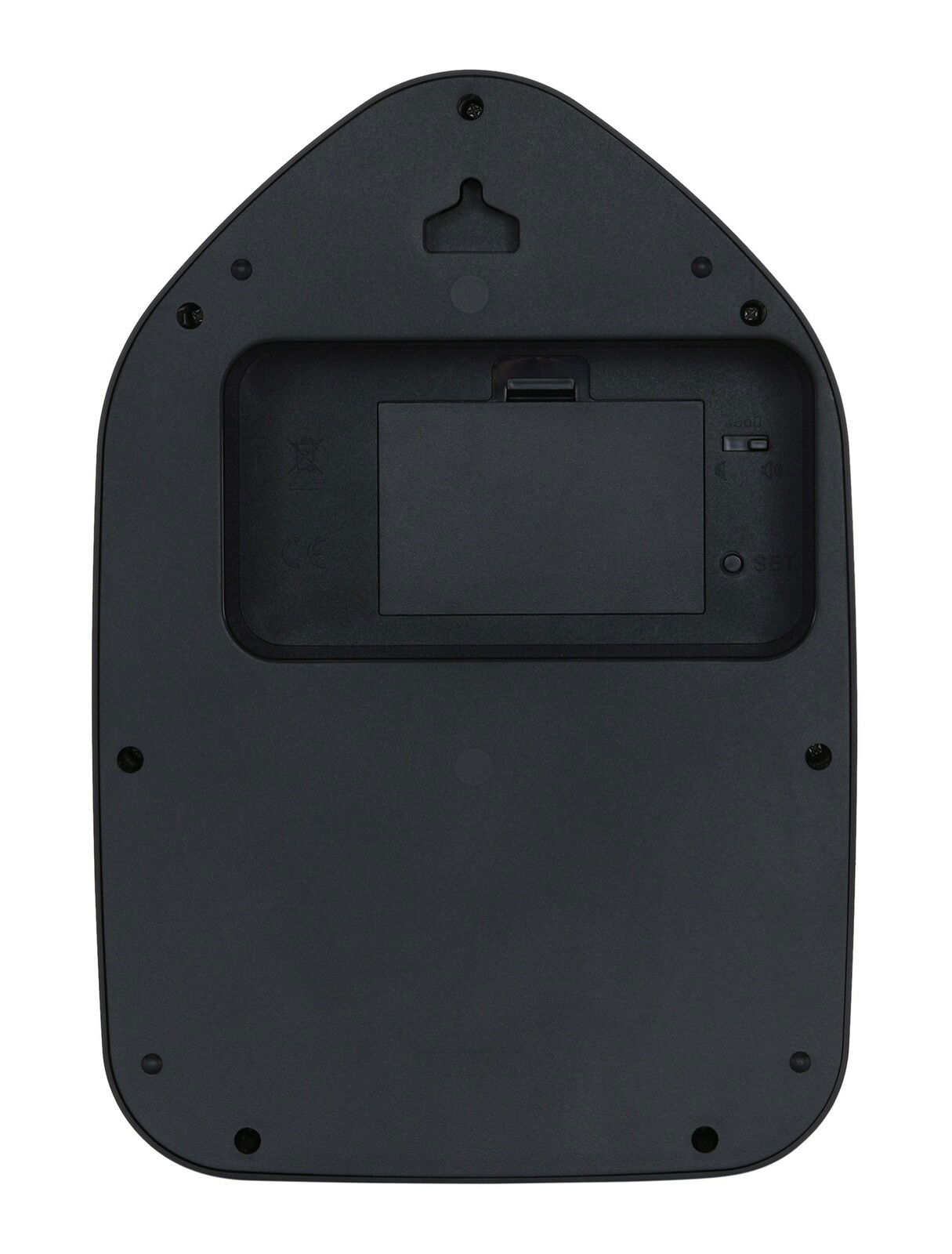 Rückansicht einer schwarzen Wanduhr mit Batteriefach und Aufhängung.