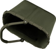 Olivgrüne Tragetasche mit gerippter Oberfläche und stabilem Rahmen, Ansicht schräg von oben auf die Unterseite mit Griff und Reißverschlussfach