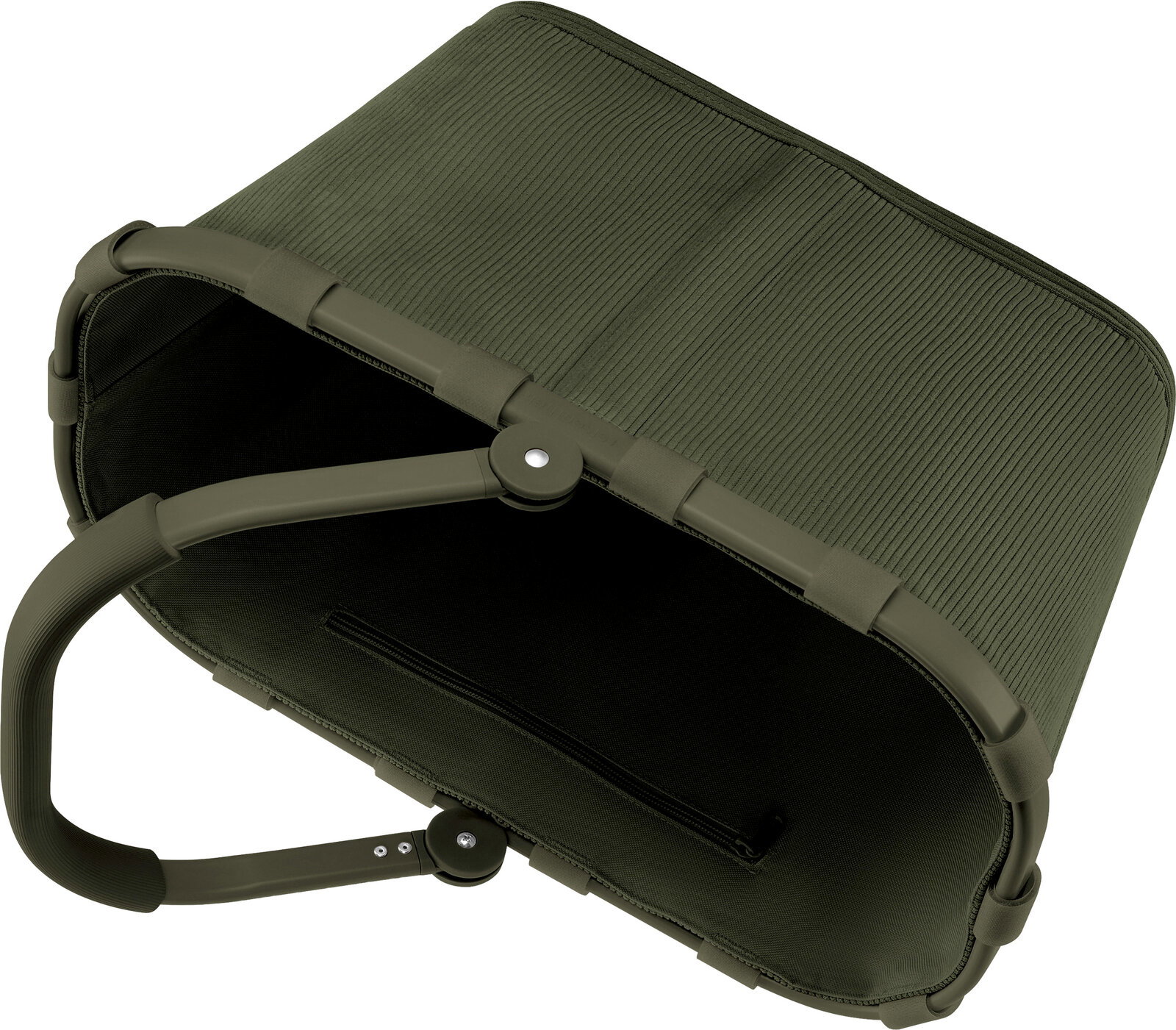 Olivgrüne Tragetasche mit gerippter Oberfläche und stabilem Rahmen, Ansicht schräg von oben auf die Unterseite mit Griff und Reißverschlussfach