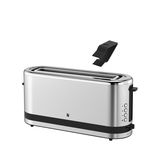 Langschlitz-Toaster Küchenmini aus Edelstahl, seitliche Perspektive mit abnehmbarem Krümelbehälter.