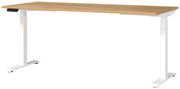 Moderner E-Schreibtisch mit Holzplatte und weißen, höhenverstellbaren Beinen, seitliche Perspektive