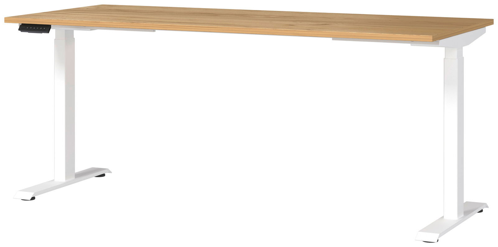 Moderner E-Schreibtisch mit Holzplatte und weißen, höhenverstellbaren Beinen, seitliche Perspektive