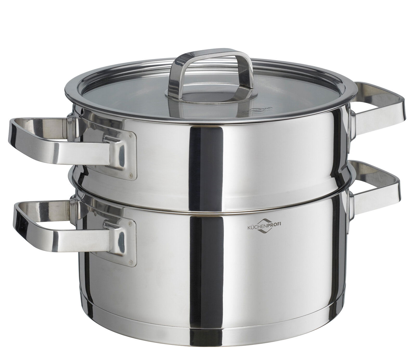 Edelstahl Kochtopf mit Dämpfeinsatz und Glasdeckel, seitliche Perspektive