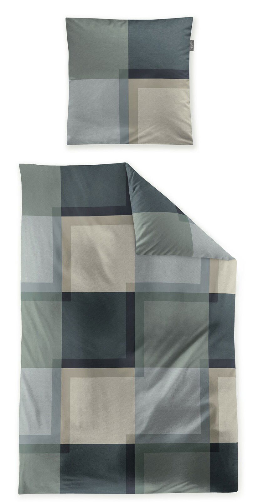 Bettwäsche-Set in 135x200cm mit modernem geometrischen Muster in Blau- und Grautönen, Draufsicht