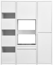 Moderner weißer Hochschrank mit mehreren Fächern und Schubladen, Frontalansicht