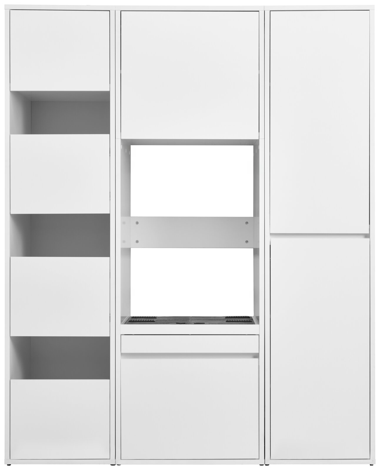 Moderner weißer Hochschrank mit mehreren Fächern und Schubladen, Frontalansicht