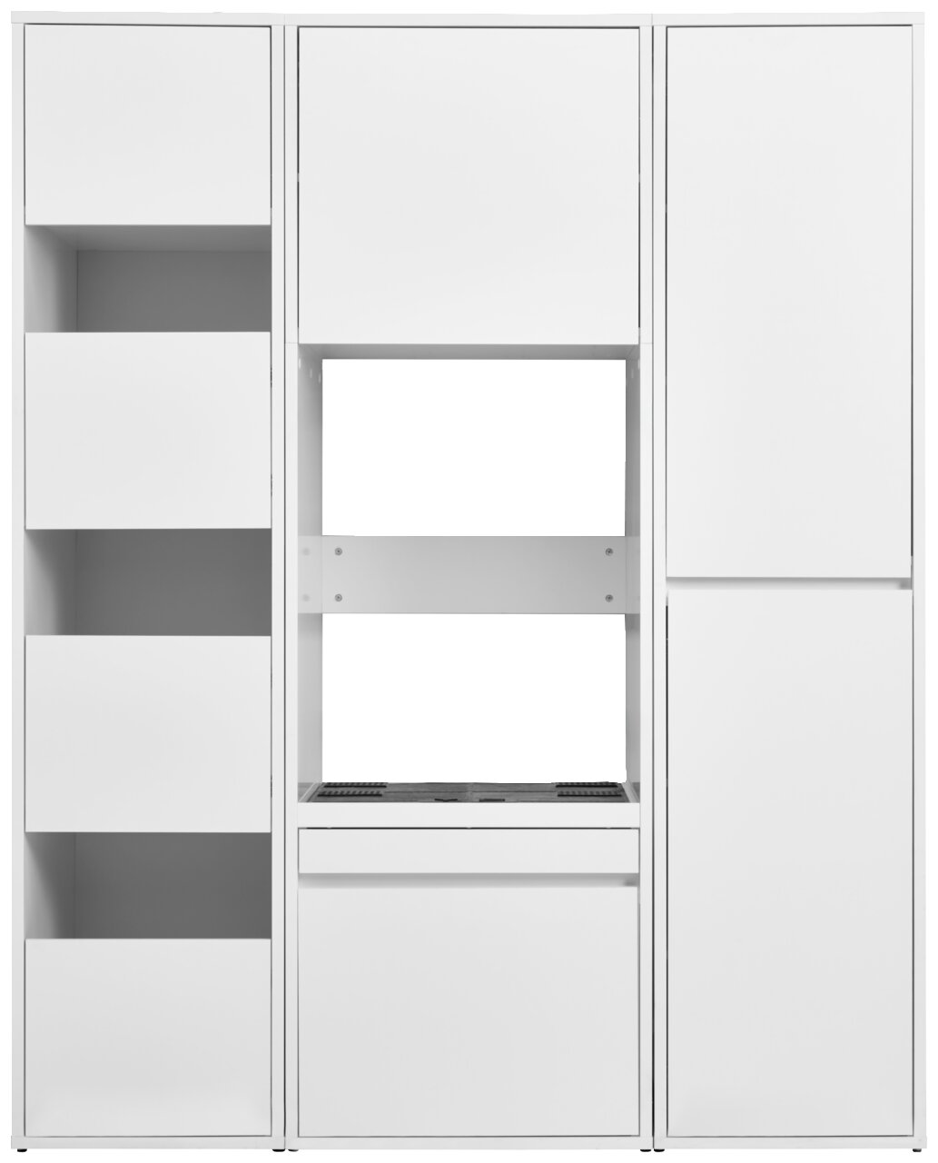 Moderner weißer Hochschrank mit mehreren Fächern und Schubladen, Frontalansicht