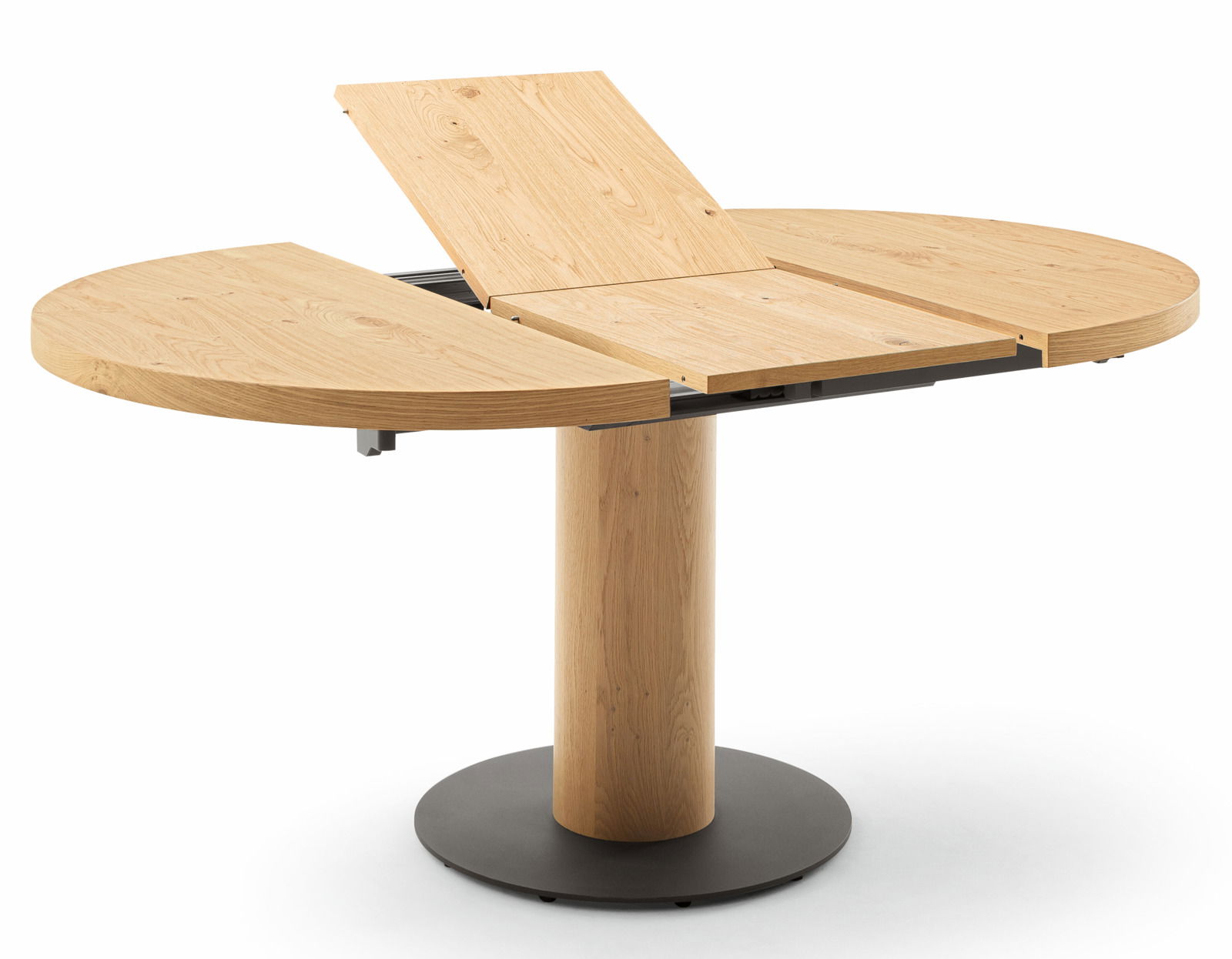 Runder Esstisch aus Holz mit ausziehbarer Platte, seitliche Perspektive