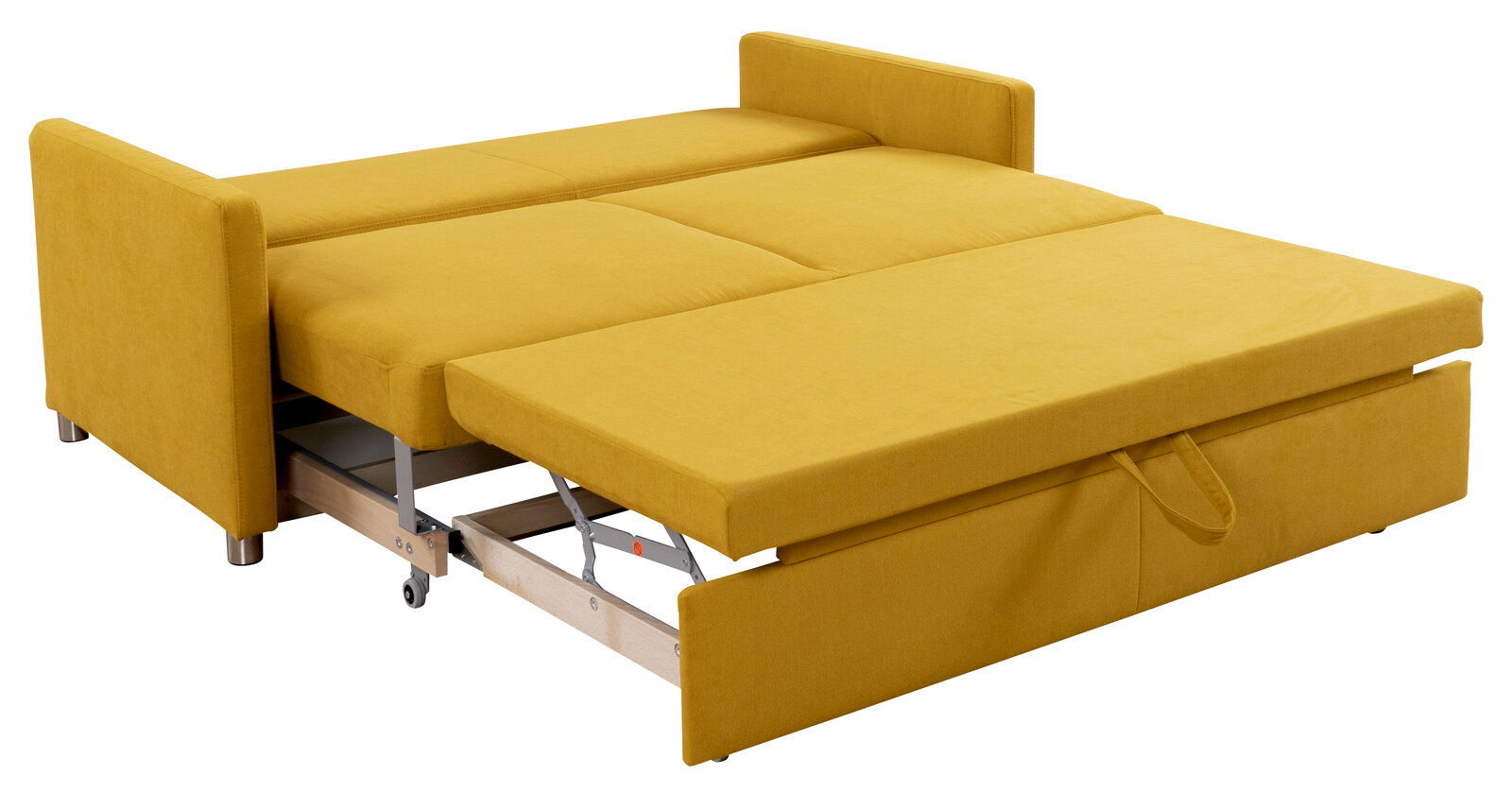 Gelbes Funktionssofa 160 in ausgezogener Position, seitliche Perspektive