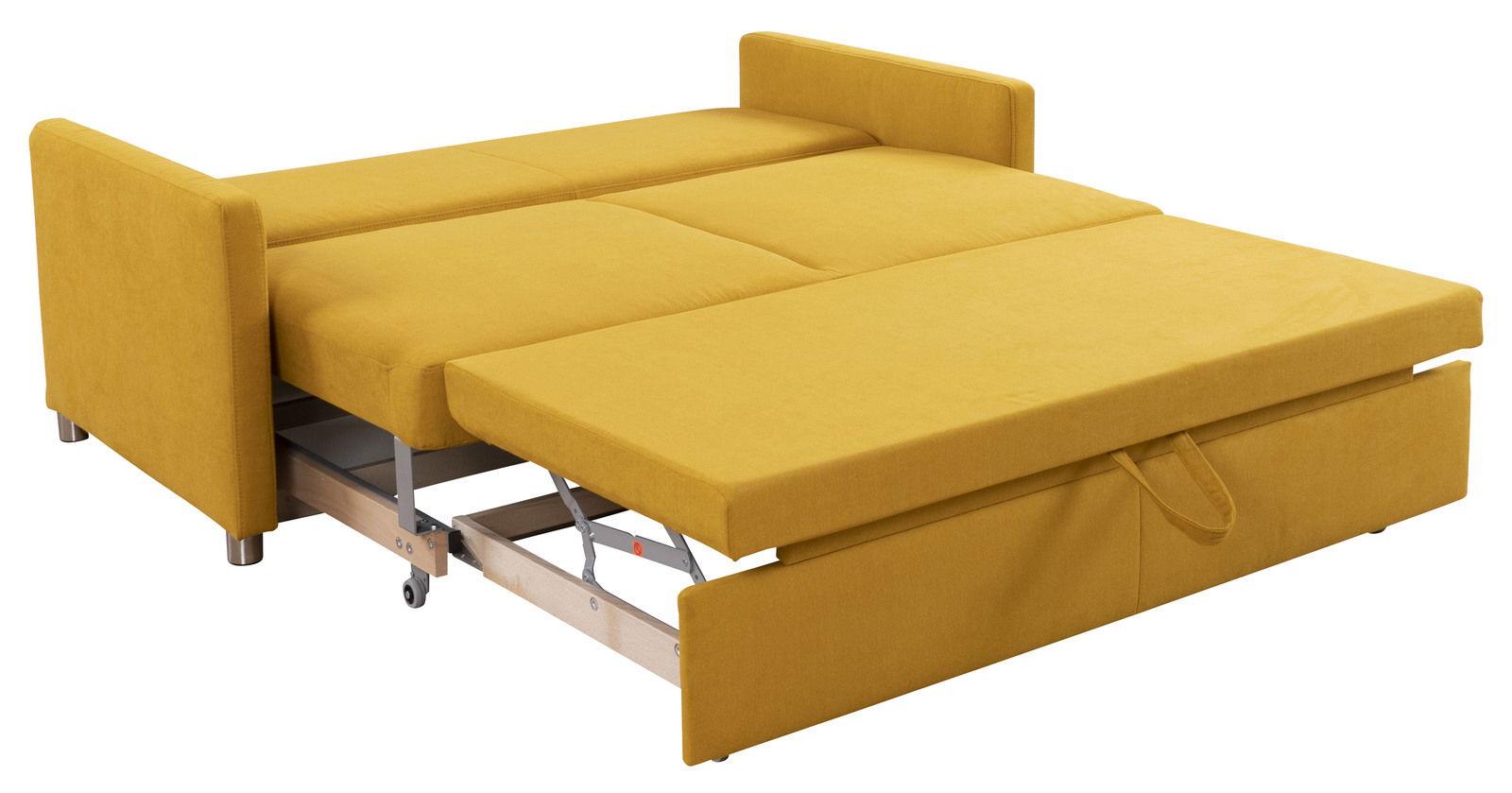 Gelbes Funktionssofa 160 in ausgezogener Position, seitliche Perspektive