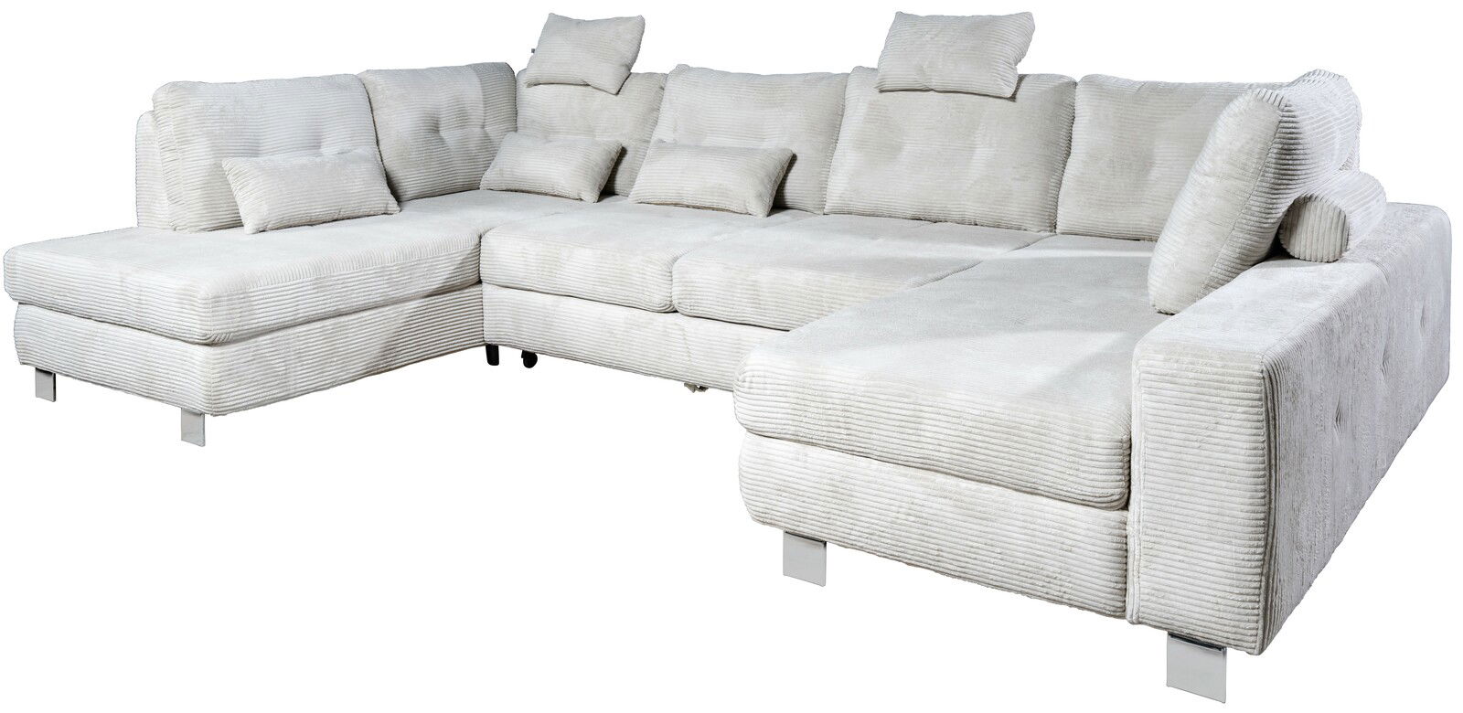 Großes, hellgraues Ecksofa in U-Form mit mehreren Kissen, aus einer leicht erhöhten Perspektive fotografiert.