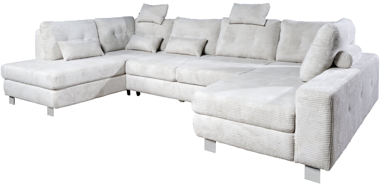 Großes, hellgraues Ecksofa in U-Form mit mehreren Kissen, aus einer leicht erhöhten Perspektive fotografiert.