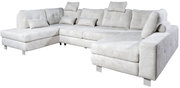 Großes, hellgraues Ecksofa in U-Form mit mehreren Kissen, aus einer leicht erhöhten Perspektive fotografiert.