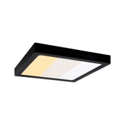 Schwarze, quadratische LED-Deckenleuchte mit flachem Rahmen und diffuser Abdeckung, in schräger Untersicht auf weißem Hintergrund