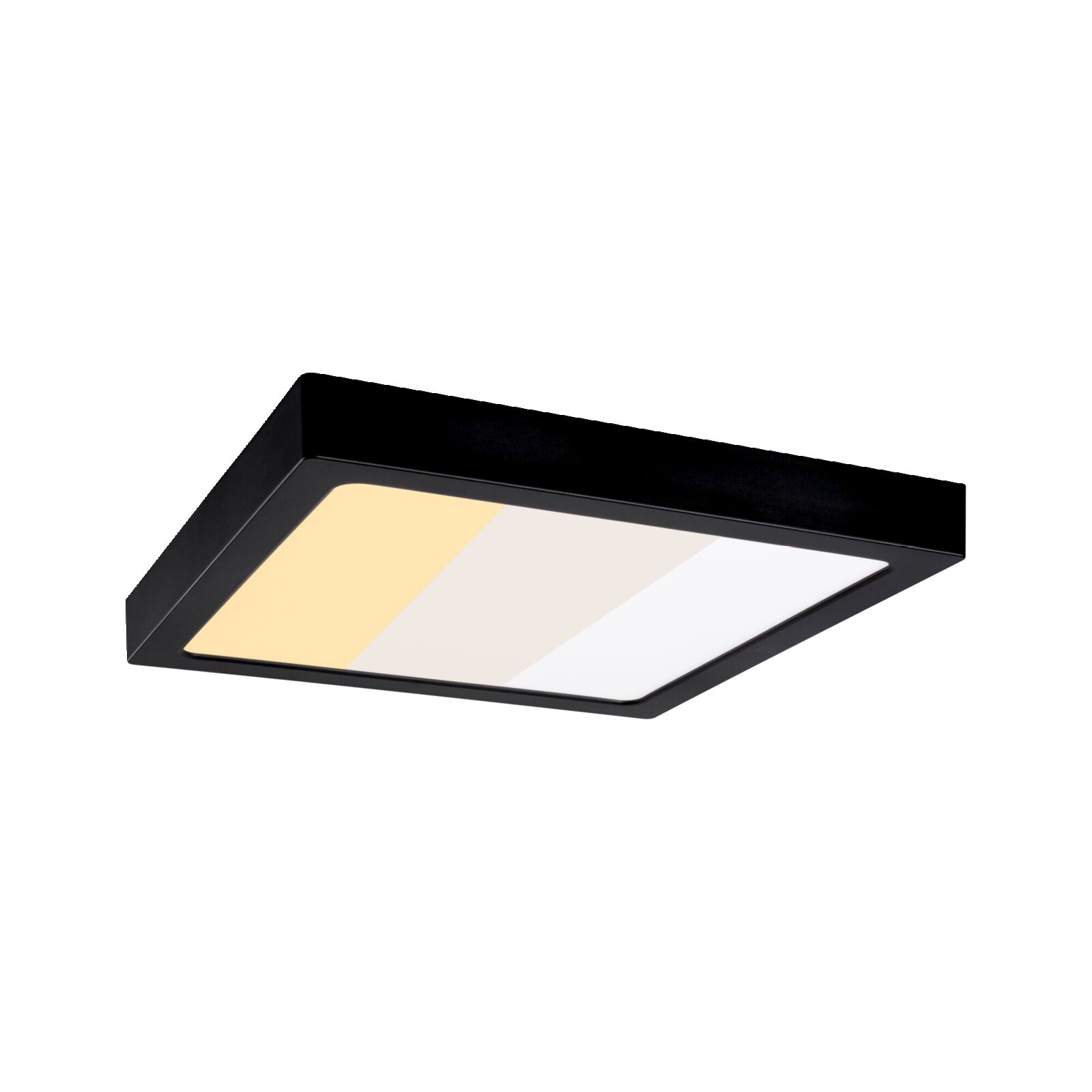Schwarze, quadratische LED-Deckenleuchte mit flachem Rahmen und diffuser Abdeckung, in schräger Untersicht auf weißem Hintergrund
