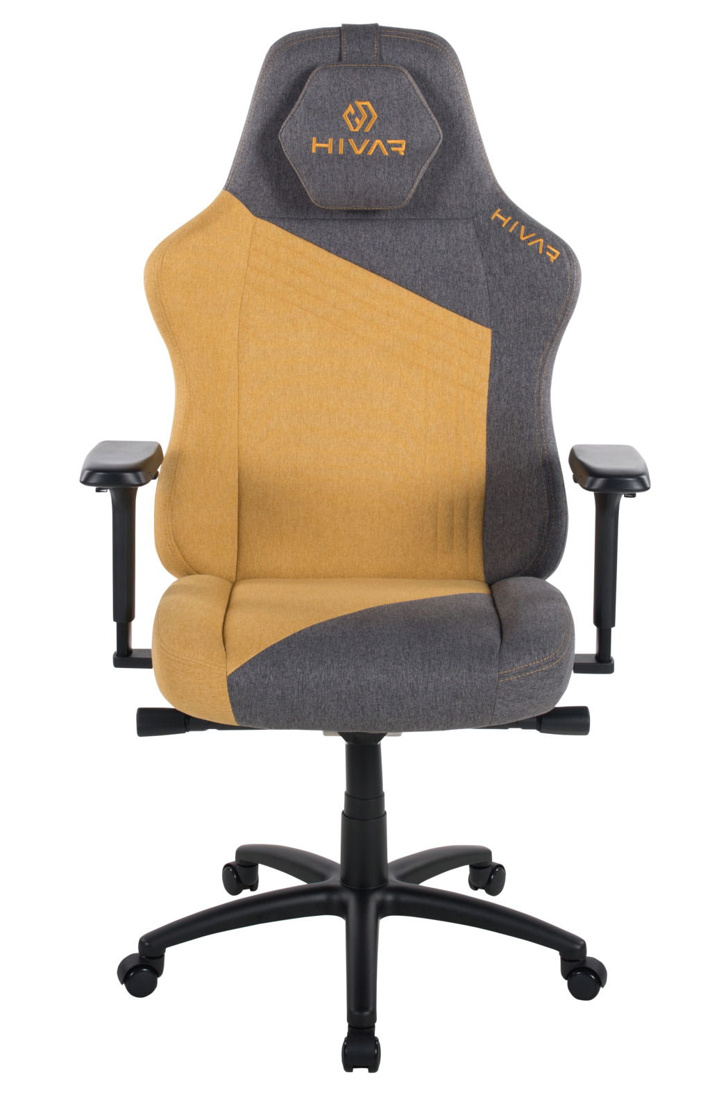 Frontansicht eines zweifarbigen Gaming-Stuhls, Modell HIVAR SKYLAR XL, mit grauen und gelben Stoffelementen und verstellbaren Armlehnen.