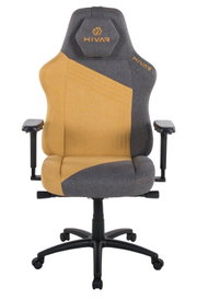 Frontansicht eines zweifarbigen Gaming-Stuhls, Modell HIVAR SKYLAR XL, mit grauen und gelben Stoffelementen und verstellbaren Armlehnen.