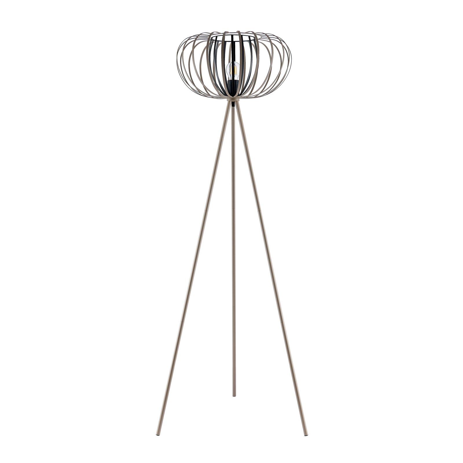 Moderne staande lamp met een driepoot en een open, bolvormige lampenkap van metaal, gezien vanaf de voorkant.