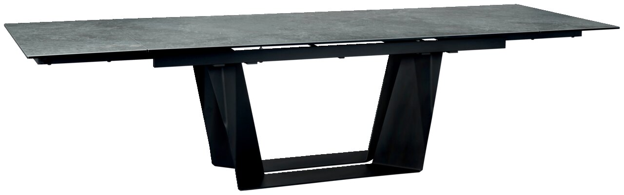 Moderner Esstisch mit rechteckiger Steinplatte und schwarzem Metallgestell, seitliche Perspektive