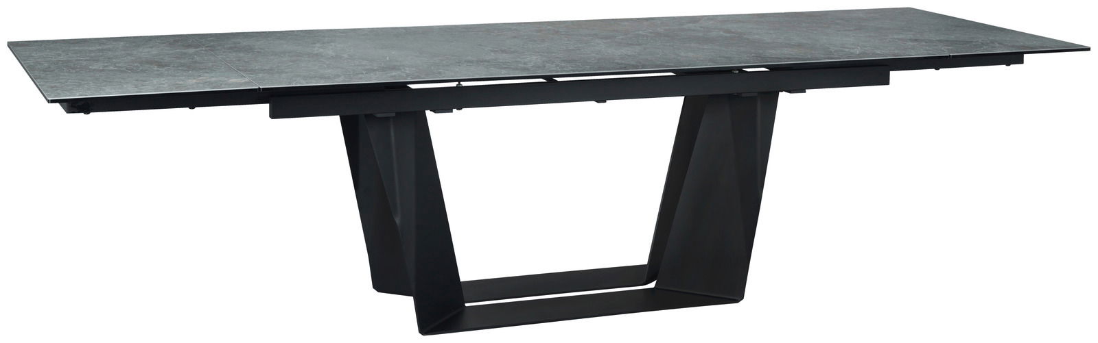 Moderner Esstisch mit rechteckiger Steinplatte und schwarzem Metallgestell, seitliche Perspektive