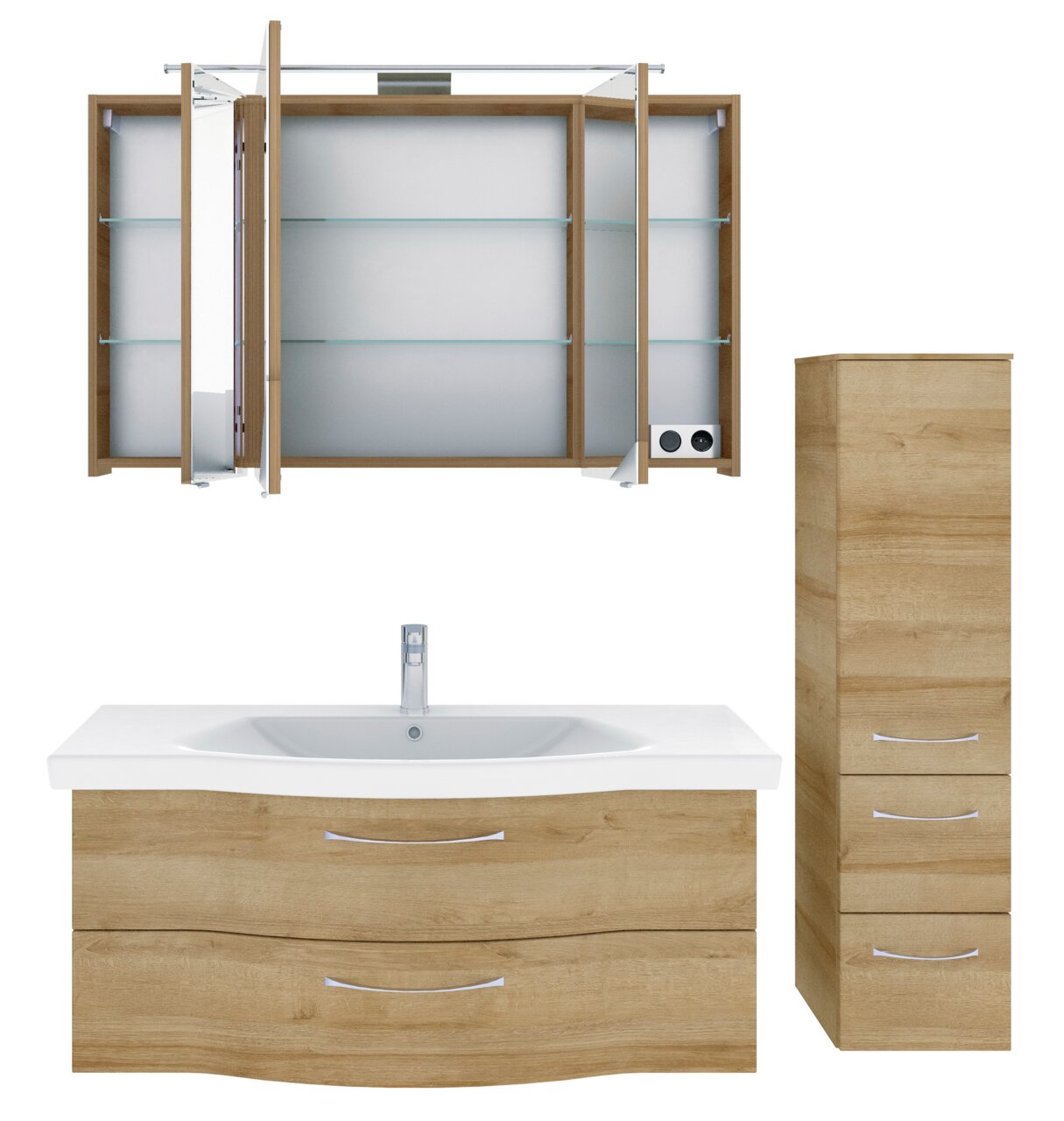 Badezimmermöbel-Set in Holzoptik, bestehend aus einem Spiegelschrank mit offenen Türen, einem Waschbeckenunterschrank mit zwei Schubladen und einem hohen Schrank mit mehreren Schubladen, frontale Ansicht.