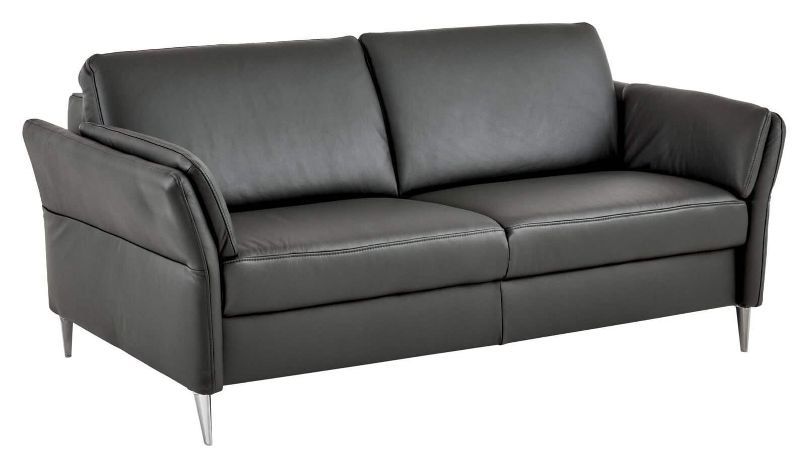Dieter Knoll Sofa 3er LATINA L Dunkelgraues 2-Sitzer-Ledersofa mit gepolsterten Armlehnen und schlanken Metallfüßen, in schräger Vorderansicht von links freigestellt auf weißem Hintergrund