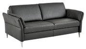 Dunkelgraues 2-Sitzer-Ledersofa mit gepolsterten Armlehnen und schlanken Metallfüßen, in schräger Vorderansicht von links freigestellt auf weißem Hintergrund