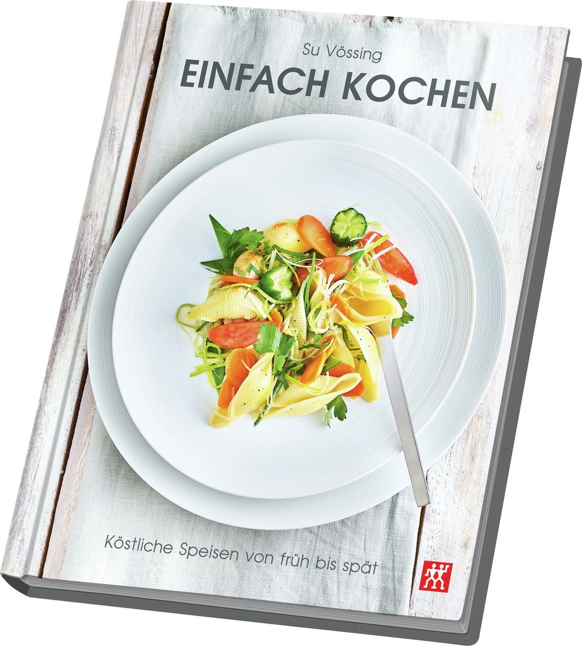 Kochbuch 'Einfach Kochen' von Su Vössing mit einem Teller Pasta und Gemüse auf dem Cover, aus schräger Perspektive fotografiert.