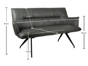 Dunkelgraue gepolsterte Sitzbank mit hoher Rückenlehne und schwarzen Metallbeinen, mit Maßangaben (u. a. 163,5 cm Breite, 88,5 cm Höhe), in schräger Frontansicht von links auf weißem Hintergrund.
