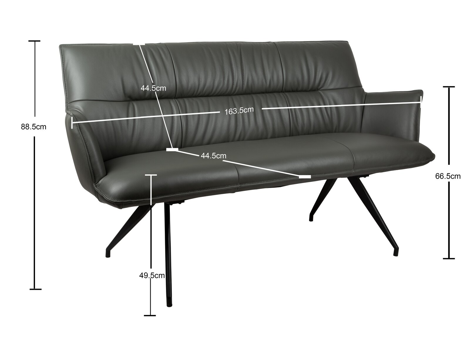 Dunkelgraue gepolsterte Sitzbank mit hoher Rückenlehne und schwarzen Metallbeinen, mit Maßangaben (u. a. 163,5 cm Breite, 88,5 cm Höhe), in schräger Frontansicht von links auf weißem Hintergrund.