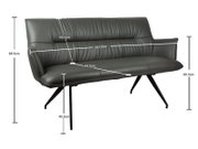 Dunkelgraue gepolsterte Sitzbank mit hoher Rückenlehne und schwarzen Metallbeinen, mit Maßangaben (u. a. 163,5 cm Breite, 88,5 cm Höhe), in schräger Frontansicht von links auf weißem Hintergrund.