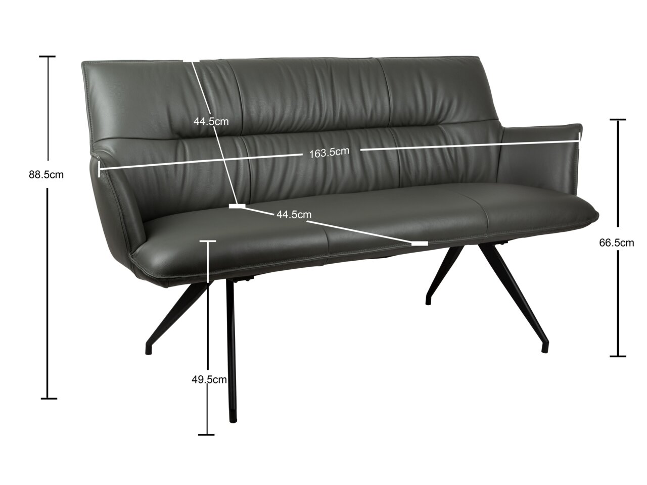 Donkergrijze gestoffeerde bank met hoge rugleuning en zwarte metalen poten, met afmetingen (o.a. 163,5 cm breed, 88,5 cm hoog), in schuin vooraanzicht van links op een witte achtergrond.