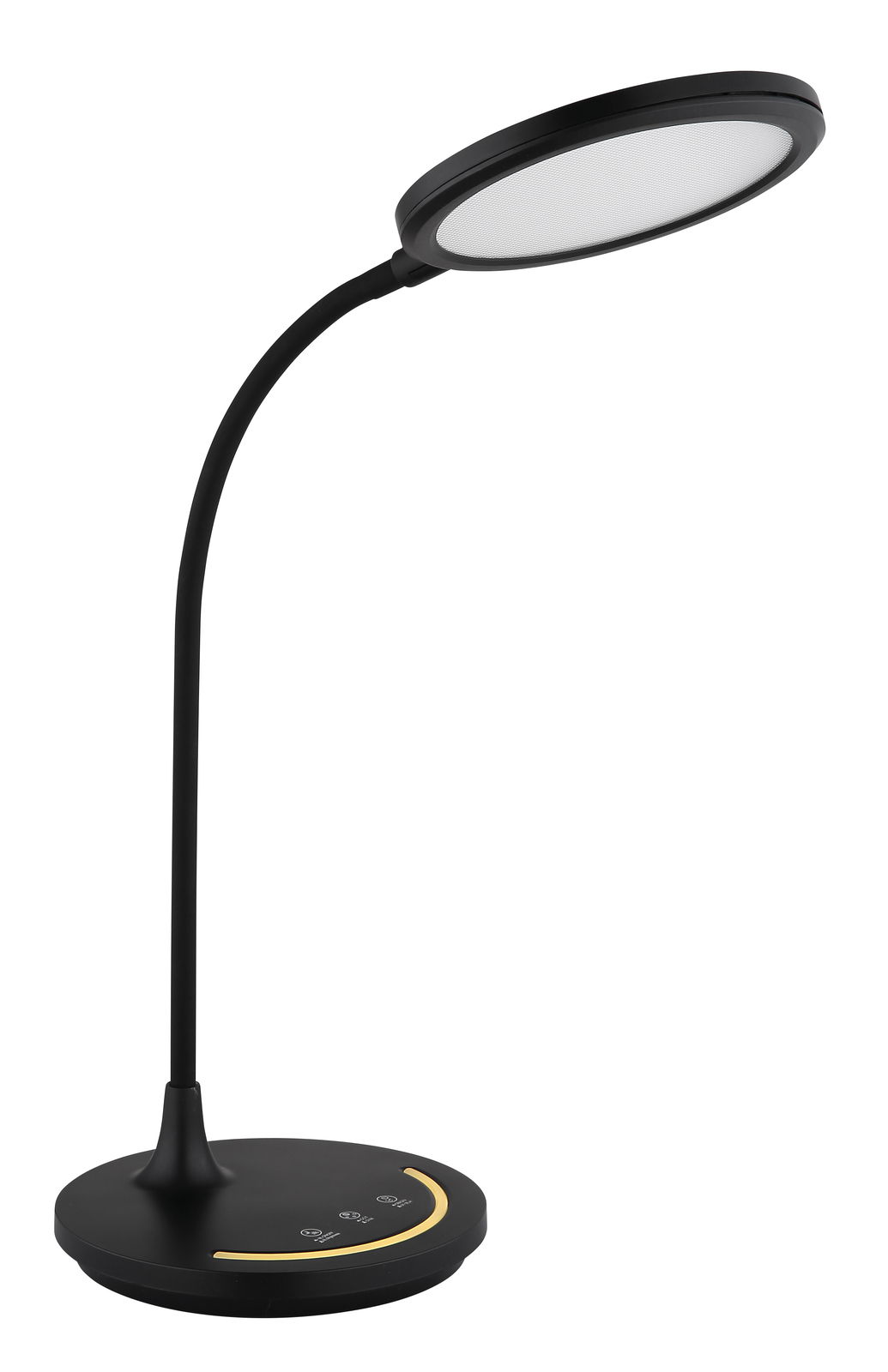 Moderne schwarze Tischleuchte mit rundem Lampenschirm und flexiblem Hals, seitliche Perspektive