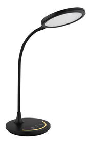 Moderne schwarze Tischleuchte mit rundem Lampenschirm und flexiblem Hals, seitliche Perspektive