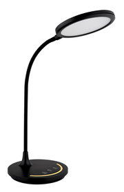 Moderne schwarze Tischleuchte mit rundem Lampenschirm und flexiblem Hals, seitliche Perspektive