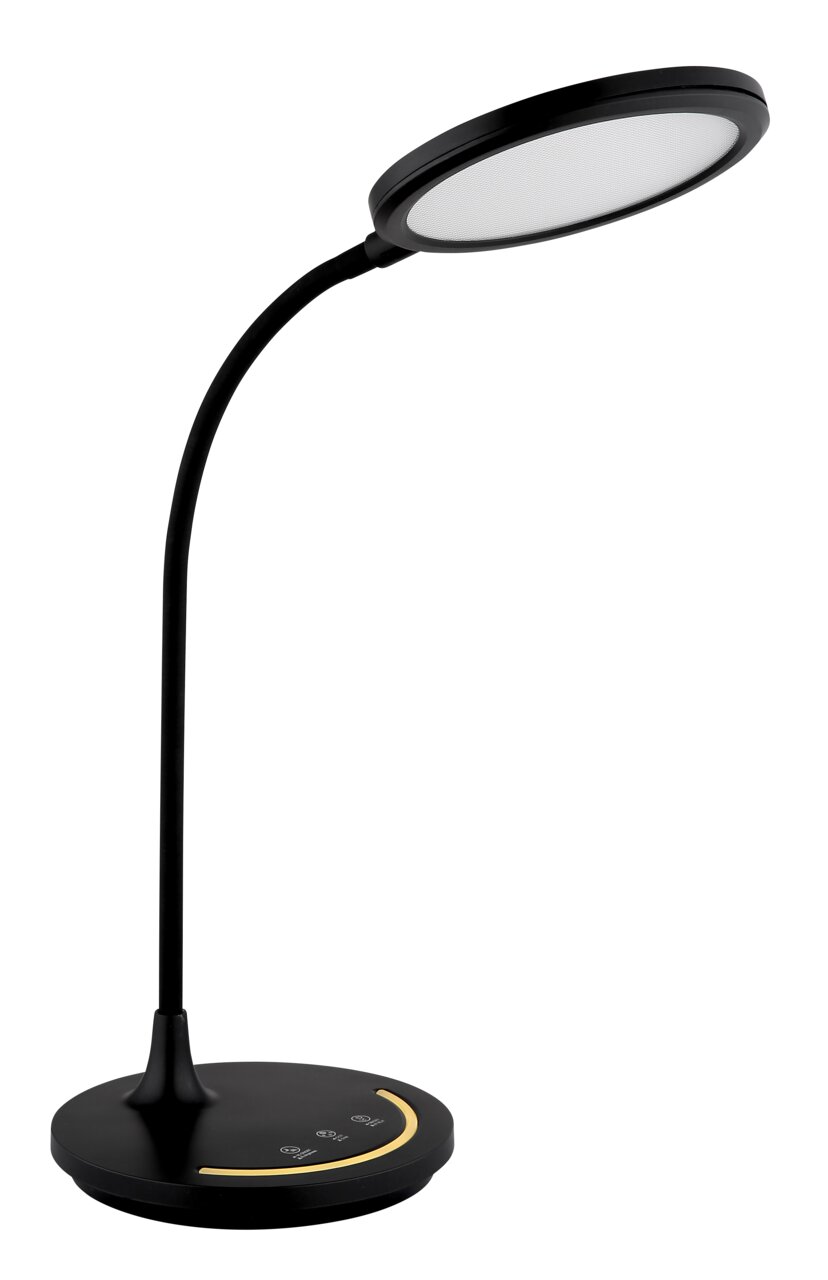 Moderne schwarze Tischleuchte mit rundem Lampenschirm und flexiblem Hals, seitliche Perspektive