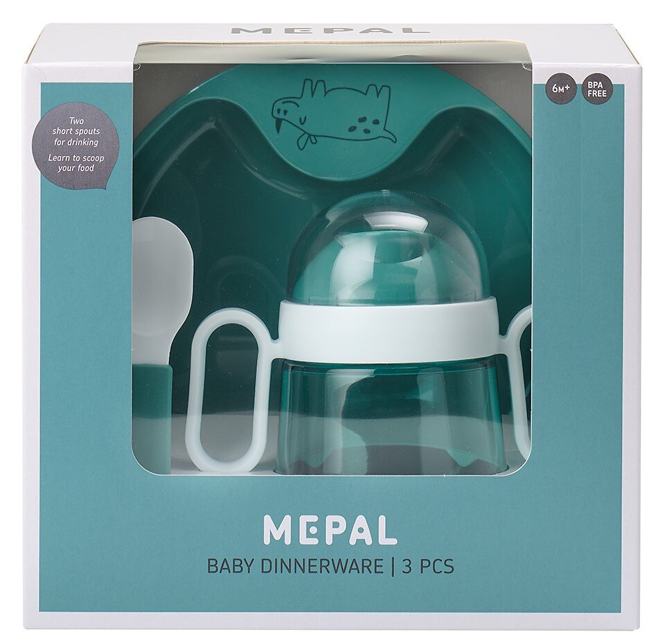 Babygeschirr-Set Mio in türkis mit Trinklernbecher, Löffel und Teller, Vorderansicht