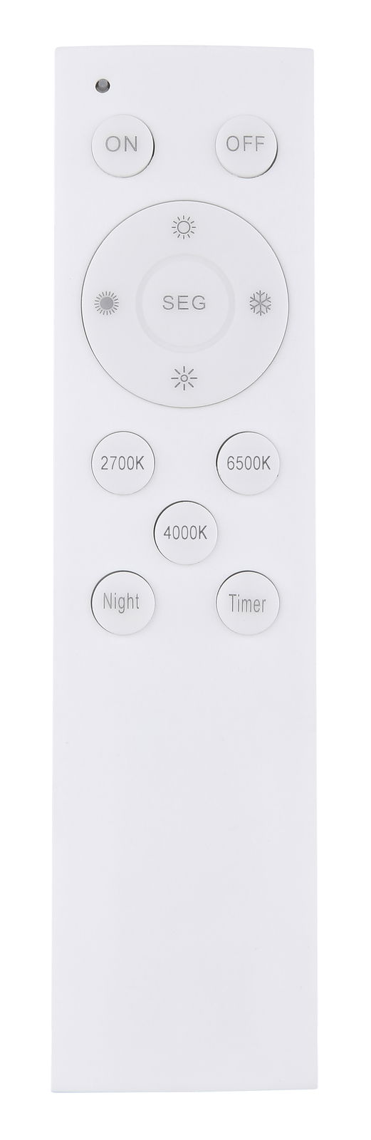 Fernbedienung für Deckenleuchte DORO, Vorderansicht mit verschiedenen Tasten für Lichtsteuerung und Farbtemperatur.